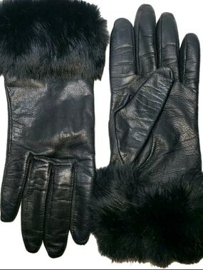 Fownes Black Leather Gloves Womens 6.5 Faux Fur Trim Cuff Winter Warm Dressy